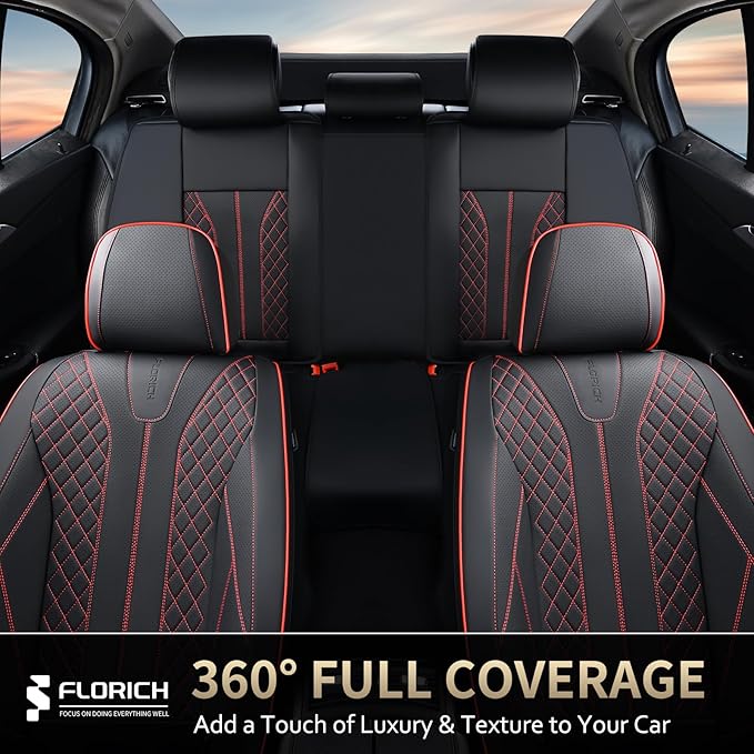 FLORICH Leather Seat Covers Car Seat Cover Front and Rear Seat Cover 5 Seats Automotive Seat Covers Waterproof Seat Covers for Cars Universal Fit for Most Cars SUV Trucks, Black&Red Line