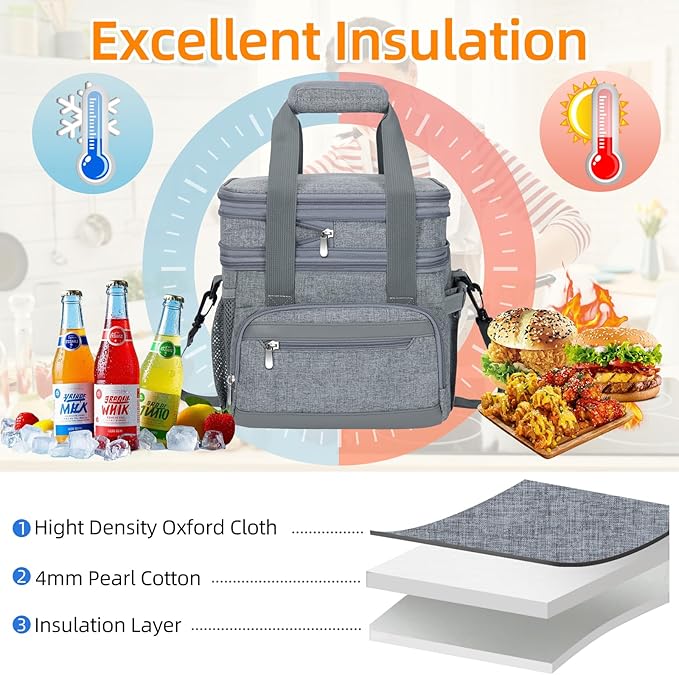 Insulated Lunch Box for Men & Women - Double Layer Leakproof Lunch Bag with Adjustable Shoulder Strap, Expandable Food Cooler for Work, Office, Travel, Camping (Grey)