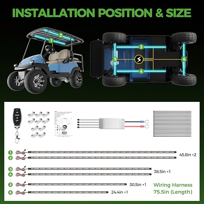 10L0L 6PCS Golf Cart Underglow LED Light Strip Kit with Canopy Lights, 22 Dream Color Modes Underglow LED Light Strip Control Music Sync IP67 12V-80V Input for Yamaha EZGO Club Car