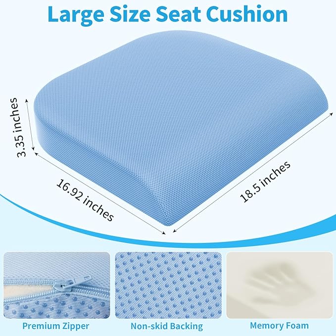 XLarge Seat Cushion, Memory Foam Cushion for Long Sitting Hours on Office Chair, Home & Car, Non-Slip Chair Pad for Relieving Back & Sciatica & Hip & Coccyx Pain (Light Blue)