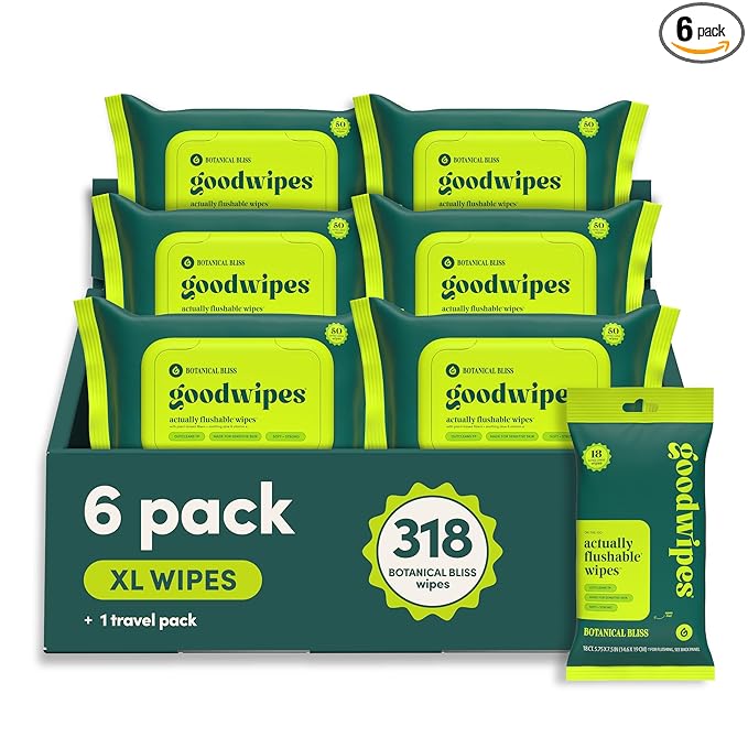 goodwipes Flushable Butt Wipes - Vitamin E & Aloe - Sewer & Septic Safe - Extra Large Adult Wet Wipes For Women & Men - Bathroom Essentials - Botanical Bliss, 318 Count (6 Packs + 1 Travel)