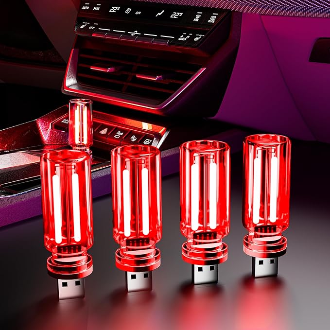 4 PCS USB Night Light, Touch Dimmable Mini USB LED Car Interior Ambient Lights, Portable Plug-in Glass Bottle Night Lamp for Car, Tent, Desk, Bedside (4 Red)