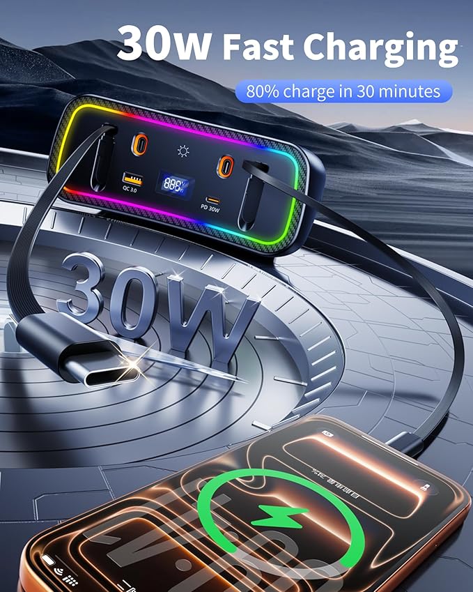 Car Charger Usb Hub with RGB Light for 2026 2025 2024 2023 2022 2021 2020 Toyota Corolla Accessories, 4-Port Docking Station with Retractable Cable, Phone Fast Charging Hub with Voltage Display