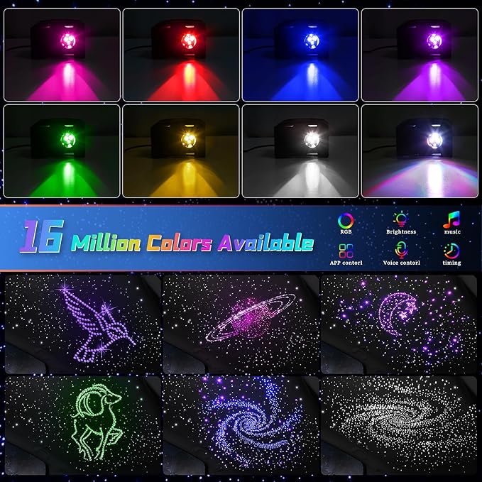 16W Twinkle & Music Sound Activated Starlight Headliner Kit for Car Home Star Ceiling, RGBW 300pcs*0.03in*9.8ft Fiber Optic Car Roof Sky Lights, Controlled Engine End Glow Fiber Strands