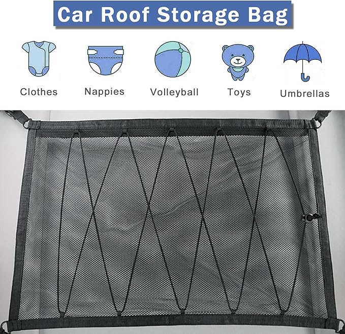 Car Ceiling Storage Net | Double Zipper, Adjustable Strap Prevent Falling, 31"x21"Double-Layer Mesh Long Road Trip Camping Van SUV Roof Cargo Pocket Organizer for Putting Quilt Toys Sundries