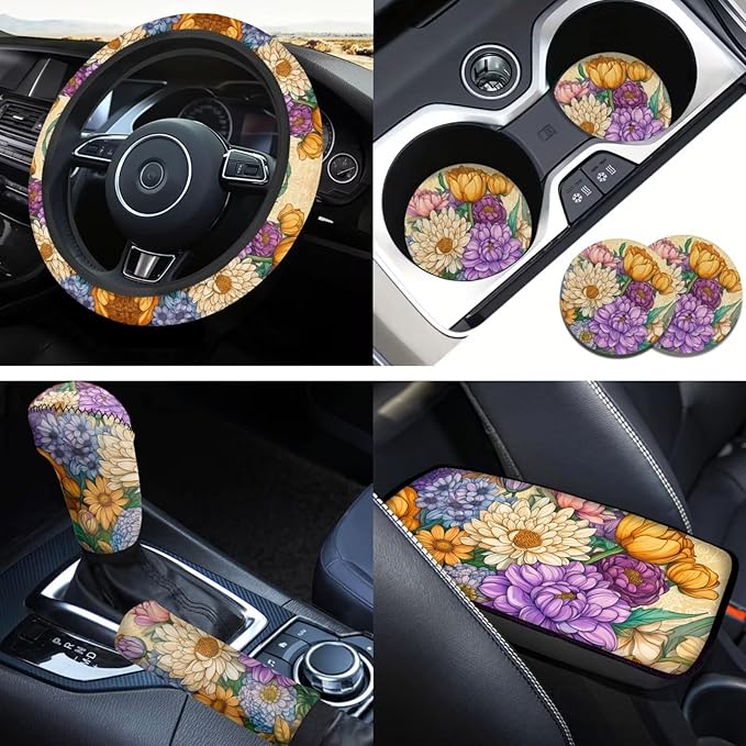 Yellow Chrysanthemum Print Car Steering Wheel Cover Sets Cup Holder Handbrake Gear Cover Armrest Cover Car Interior Accessories -6pcs