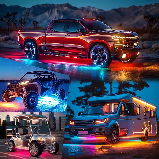 Underglow Light Kits 2-Rows,Neon Accent Strip Lights, 6PCS RGB LED Under Glow Light Kit for Car,Waterproof Exterior Car Light Strips for Van SUV Truck,with APP & RF Remote Control,DC 12V