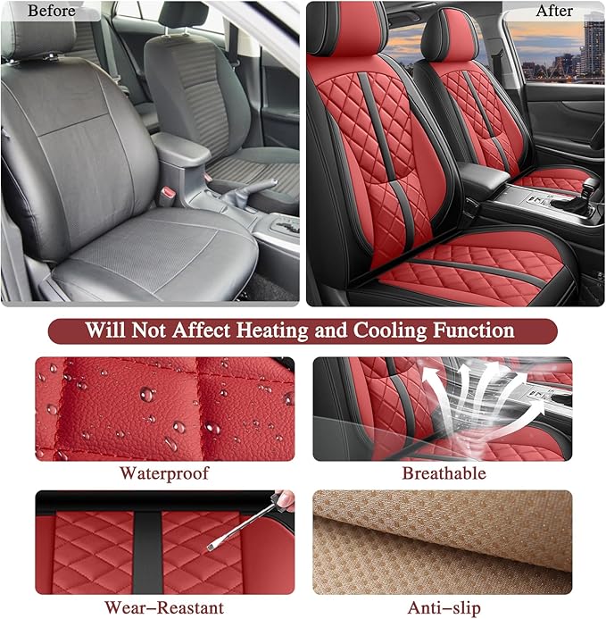 otoez Car Seat Covers Full Set, Red Leather Seat Cover 5 Seat Waterproof & Breathable Automotive Seat Cushion Protector Full Coverage for Cars Sedens Trucks SUVs Vans (Red)