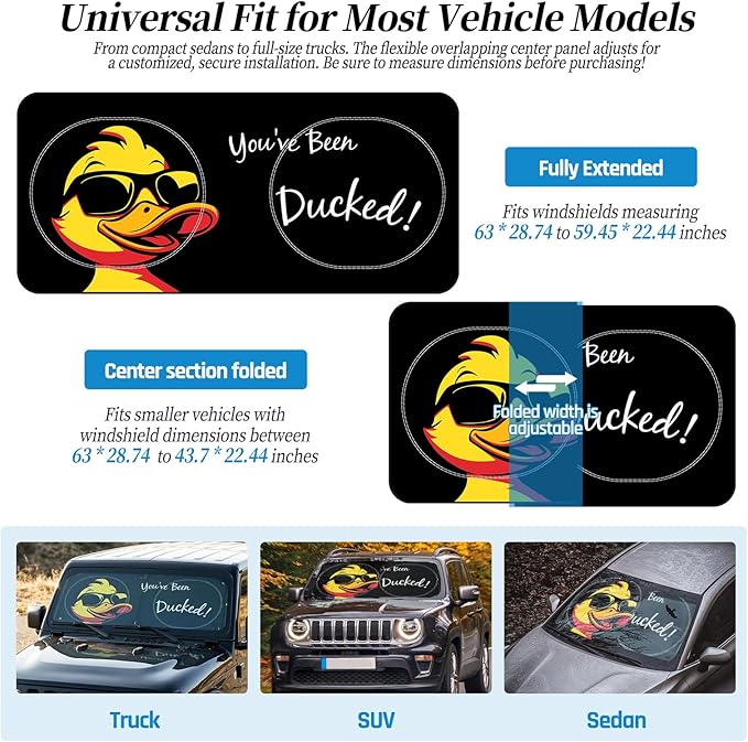 63"x28.5" Car Windshield Sun Shade with Storage Pouch, Stylish Printed Front Window Sunshade with Double Ring Frame, Universal Fit Foldable Heat Blocker & UV Protector for SUV, Sedan (Duck)