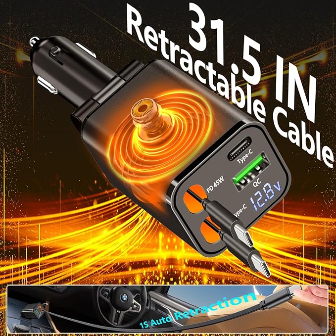 [Apple MFi Certified] Retractable Car Charger USB C, Caiinei 120W USB C Car Charger 4 in 1 PD/QC Type C Fast Charging Cigarette Lighter Adapter for iPhone 17/17 Pro Max/16 Pro/15/Galaxy S25/S24/Pixel