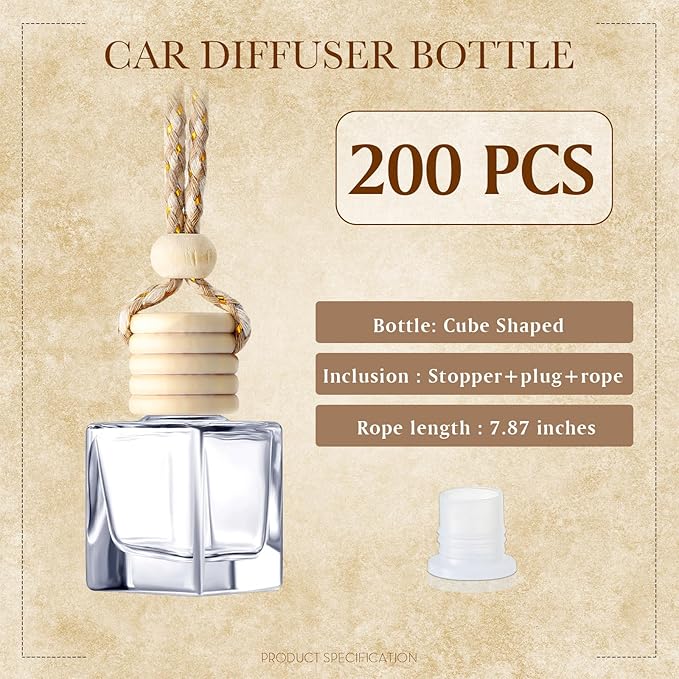 BBTO 200 Pcs Hanging Car Diffuser Bottles Bulk, Empty Clear Glass Air Freshener Bottles with Wooden Cap for Perfume Essential Oils Fragrance Aromatherapy Ornament(Square)