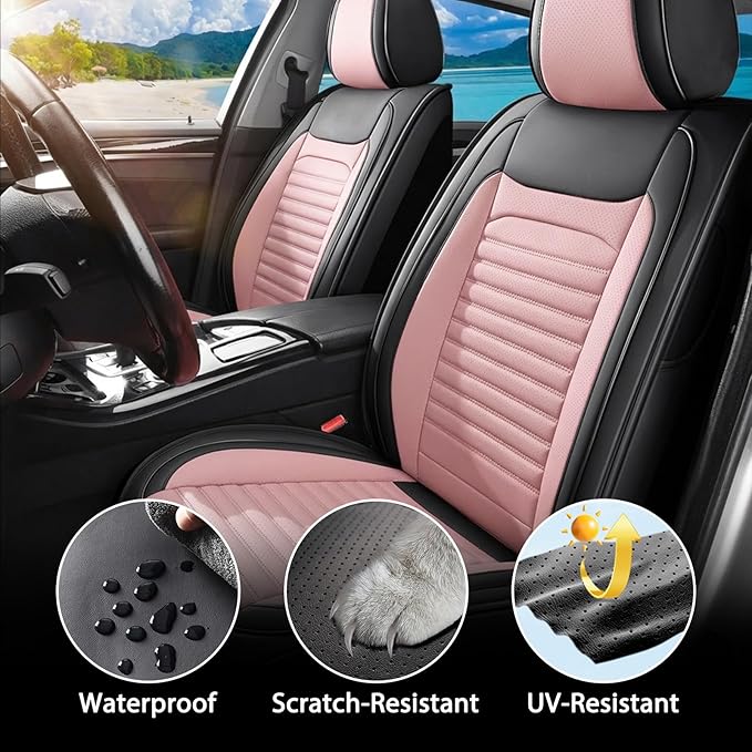 Car Seat Covers Full Set Fit for Toyota Yaris 2007-2020, Premium Faux Leather Car Seat Protector,Breathable Anti-Slip Full Wrapping Edge Seat Covers(Black&Pink,Full Set)