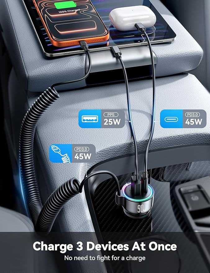 90W Car Charger USB C for iPhone 17/16 Pro Max, PD&QC3.0 w/6.65ft 45W Type Coiled Cable, Fast Car Phone Charger Adapter for iPhone 17Air/15 Pro, Samsung Galaxy S25/S24/S23, Pixel 10/LG/Android, iPad