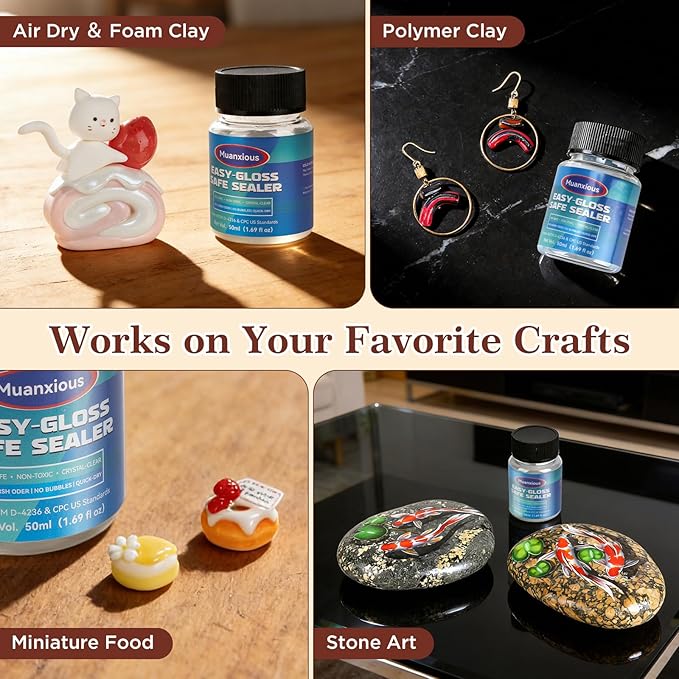 Muanxious Air Dry Clay Glaze — No-Tack High Gloss Waterproof Clear Varnish & Sealant, ASTM D-4236, Low Odor, Anti-Yellowing, 50ml (1.69 fl oz)