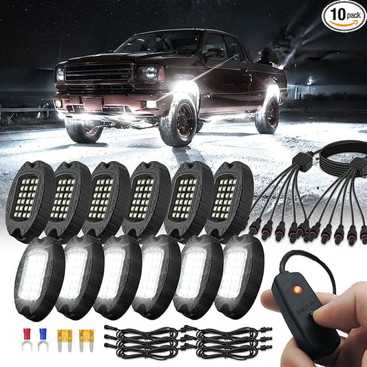 12 Pods Pure White LED Rock Lights with Power Swith Wiring Harness, Waterproof Rust Proof 6600K Super Bright Pure Lighting Aluminum Underglow Kit for Truck Trailer Pickup Offroad ATV UTV