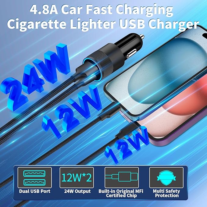 [Apple MFi Certified] iPhone Fast Car Charger, Braveridge 2Pack 4.8A Dual USB Car Power Cigarette Lighter USB Car Carplay Charger with Lightning Braided Cable for iPhone 14 13 12 11 Pro XS XR X 8 iPad