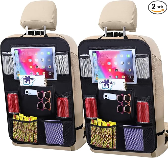 TCJJ Car Backseat Organizers with 10" Touch Screen Tablet Holder&9 Storage Pockets,Back Seat Organizer for Kids Waterproof Car Seat Organizer,Black/2 Pack
