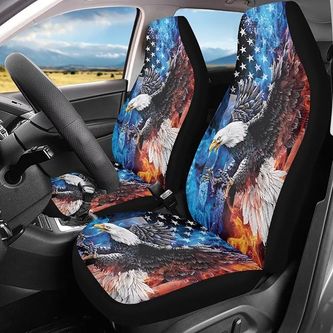 ELEQIN Smoke Eagle US Flag Car Front Seat Covers, 2 Pack Polyester Automotive Seat ProtectorsSoft & Breathable, Automotive Interior Accessories for Most Cars