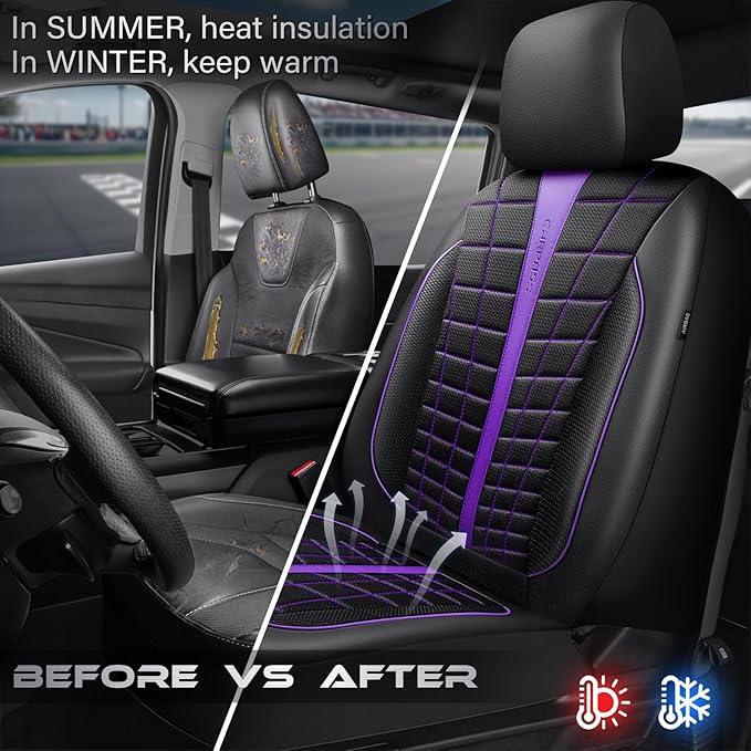 CAR PASS 3D Air Mesh Seat Covers for Car, Leather Car Seat Cover Front Seats, Breathable Foam Premium Leather Mesh Front Seat Covers Universal Fit for Cars Sedans Trucks Vans SUVs, Black Purple
