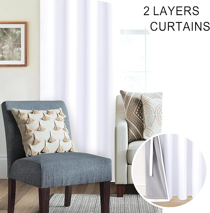 XWZO White Blackout Curtains with Tiebacks - Heat and Full Light Blocking Window Panels with Grommets for Bedroom/Nursery, 63 Inches Long Thermal Insulated Draperies, White, W38 x L63, Set of 2