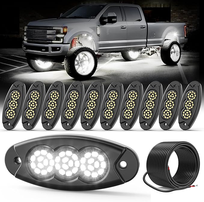 10 Pods White Rock Lights, 36 LEDs 6500K Ultra Bright IP68 Waterproof Underbody Lights for Car Truck Pickup Boat RV RZR ATV with 16.4ft Extension Wire
