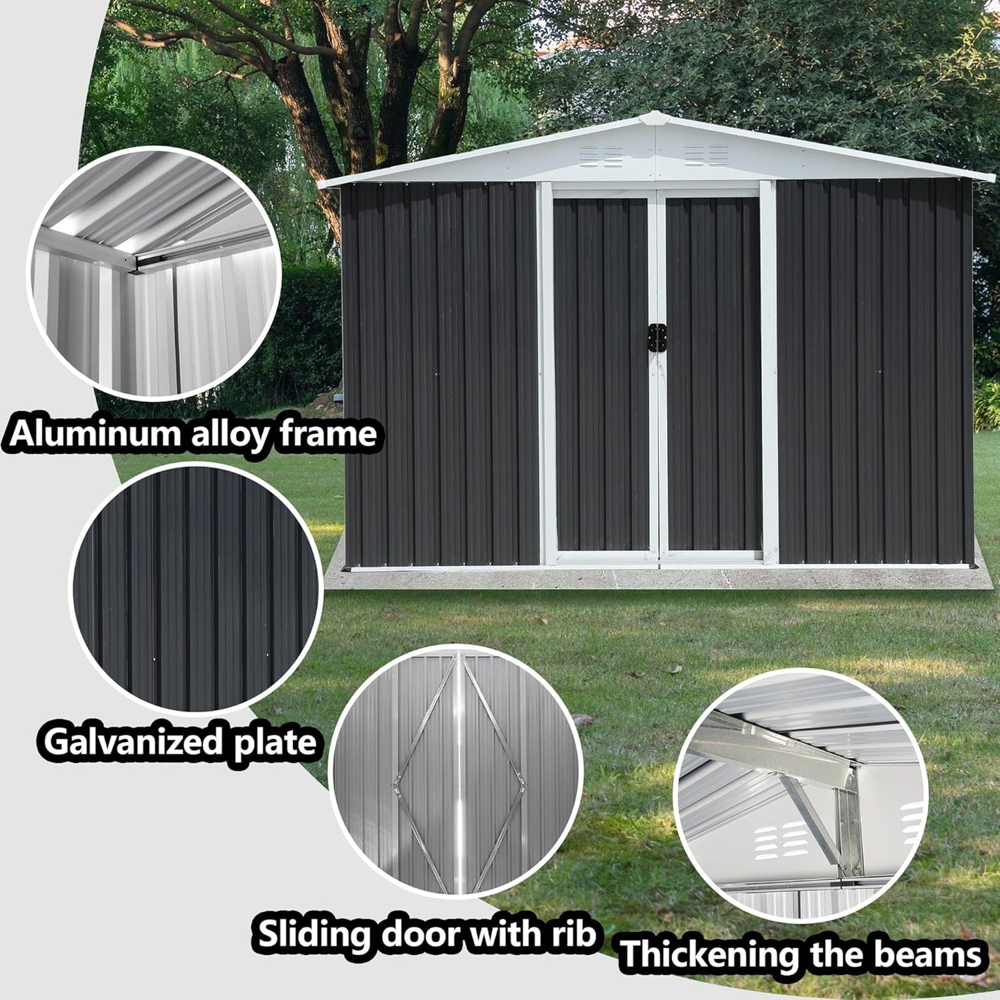 8x6 FT Outdoor Metal Storage Shed with Updated Frame, Waterproof Durable Garden Sheds w/Lockable Sliding Doors and Vents, All-Weather Shelter Tool House for Backyard, Patio, Lawn, Grey