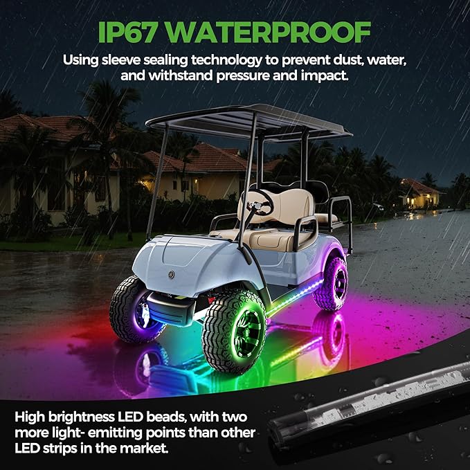 10L0L 4PCS Golf Cart Underglow LED Lights Kit for EZGO Yamaha Club Car, RGB Neon Accent Lighting 24 Modes with Wireless Remote & Music Sync, Waterproof Flexible Tubes 12V-80V Universal Fit