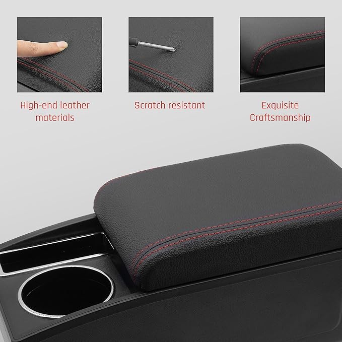 Car Armrest Box for Nissan Almera Versa 2012-2019 Auto Accessories Center Console Leather Arm Rest Double-Layer Storage Space with Cup Holder (Red Thread)