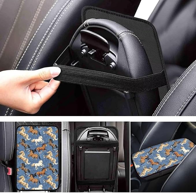Vintage Horse Car Center Console Armrest Pad for Cars Dust-Proof Armrest Seat Storage Box Mat for Car Interior Decor Horse Cars Accessories, Easy to Install