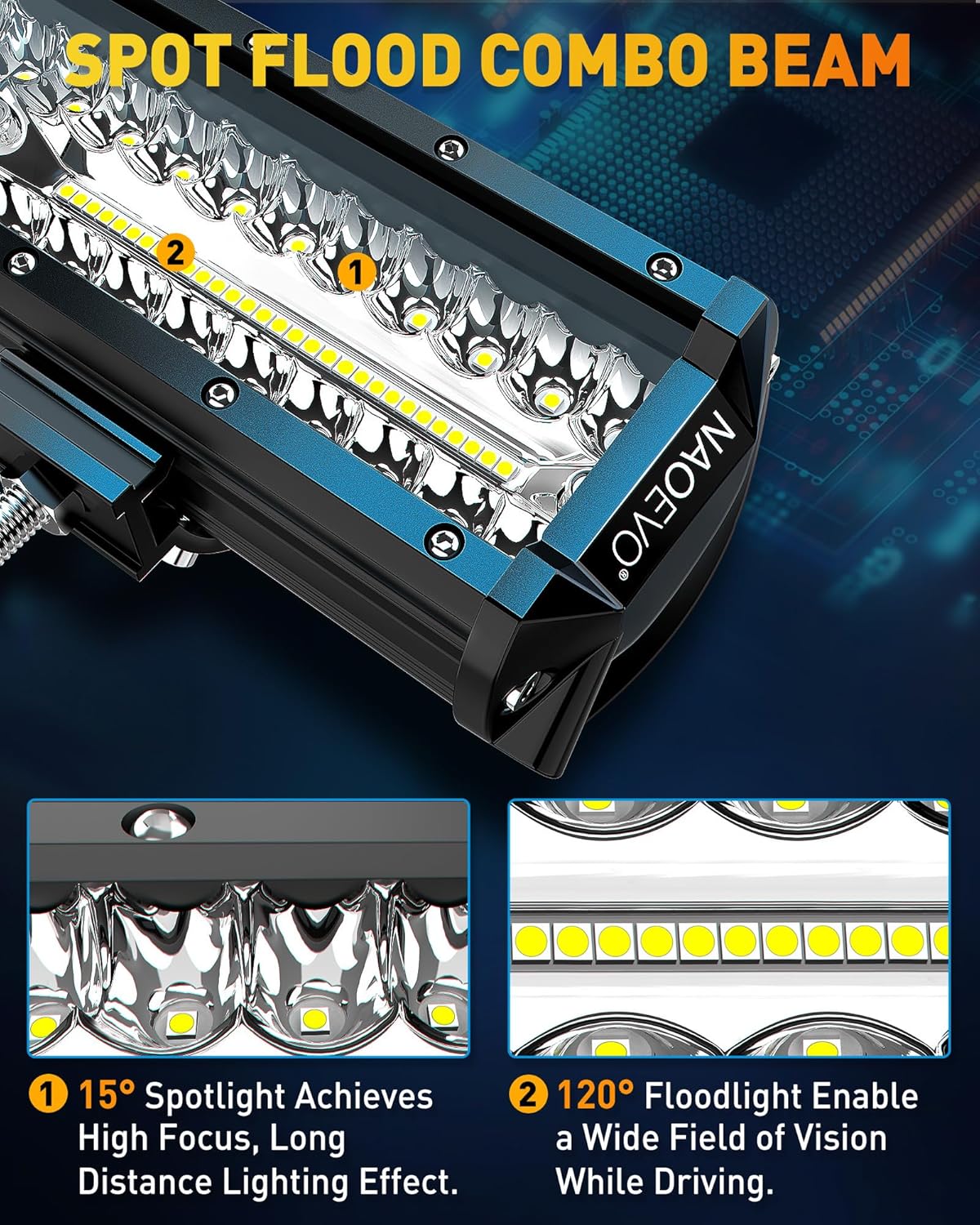 NAOEVO 12 Inch LED Light Bar, 300W 30000LM LED Offroad/Driving/Fog Lights with Wiring Harness Kit, Spot Flood Work Lights for Truck UTV ATV Golf Cart Boat, 1 Pc (White)