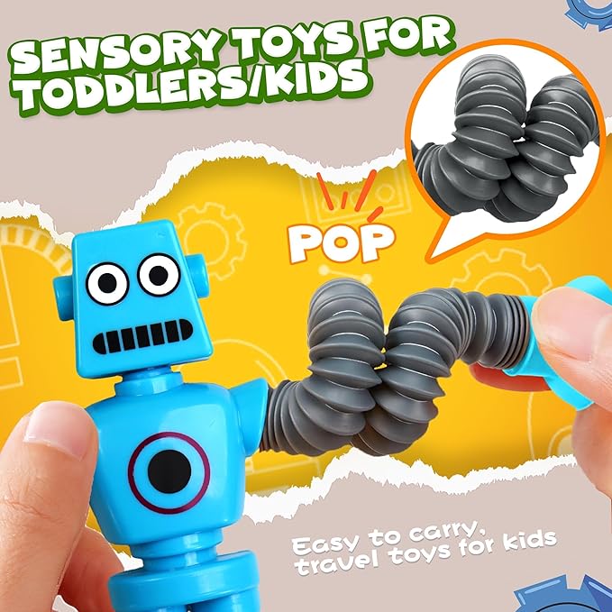 Robot Sensory Travel Roadtrip Toys 4Pcs for Toddlers Kid Boy Year Old Ages 3 4 5 6 7 8 9,Airplane Activities Suction Autism Pop Tube Fidget Toys Autistic Stocking Easter Basket Stuffer Valentine Gift