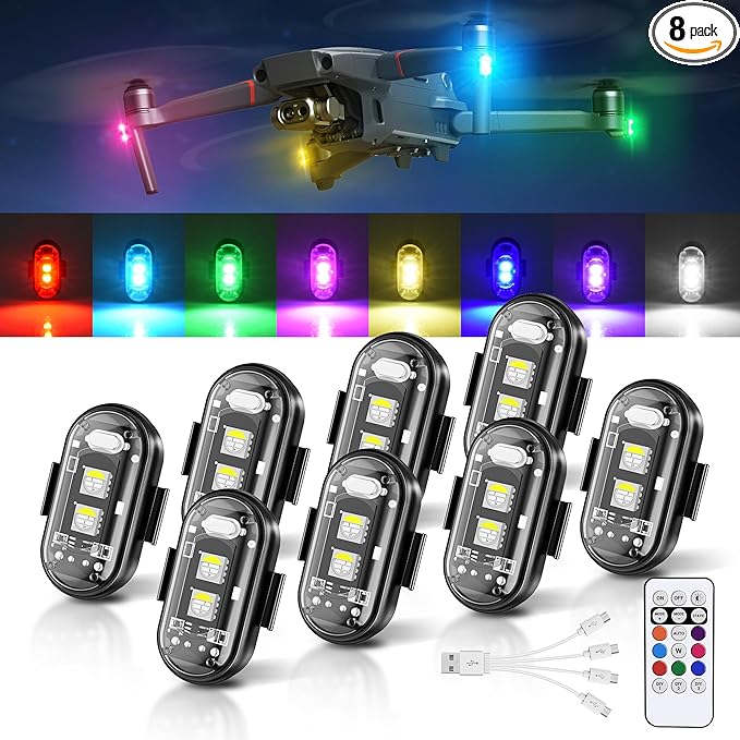 Wireless LED Strobe Lights with Remote Control, 8 Colors USB Charing Waterproof Anti-Collision Flashing Emergency Warning Lights for Car Motorcycle Drone Aircraft Bike 8PCS