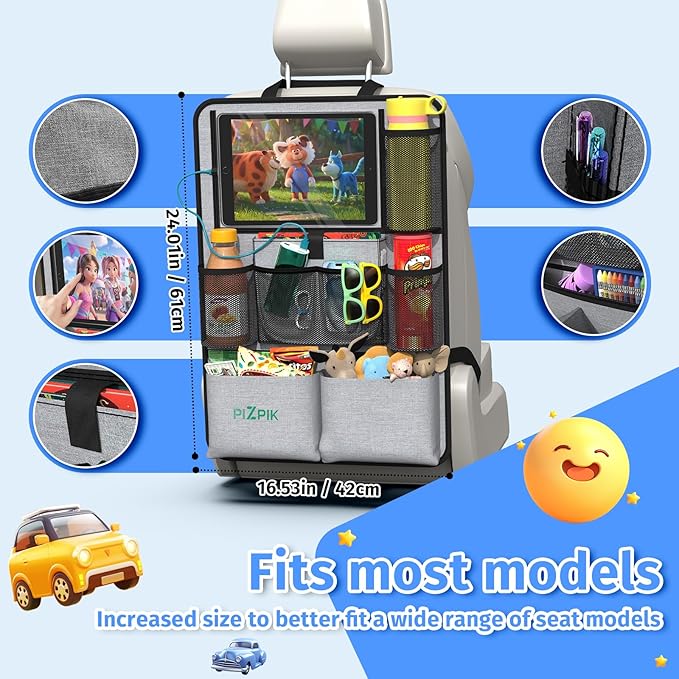 Plzpik Car Backseat Organizer with Tablet Holder,11 Storage Pockets with Foldable Food Tray, Protector Kick Mats for Kids, Travel Accessories Organizer (Gray, 2-Pack)