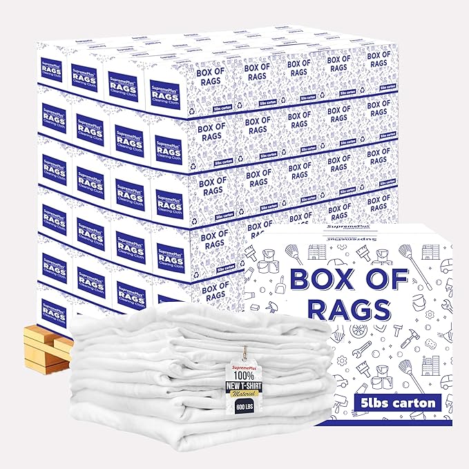 Premium New White Cotton Knit T-Shirt Rags (600 lbs. Pallet 120x5 lbs. Box of Rags) - Lint-Free, Soft & Absorbent Bulk Cleaning Cloths for Auto, Paint, Garage, Staining & Polishing
