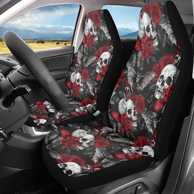 Skull Red Rose Car Seat Covers Universal Front Car Seats Anti-Slip Back Fabric Removable Automotive Accessories Suitable for Cars, SUV and Trucks