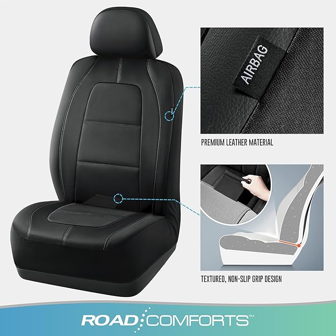Road Comforts Car Seat Cover, Front Leather Car Seat Covers, Automotive Low Back Sport Car Seat Covers, Airbag Compatible, Universal Fit for Most Cars, SUVs, Trucks and Vans