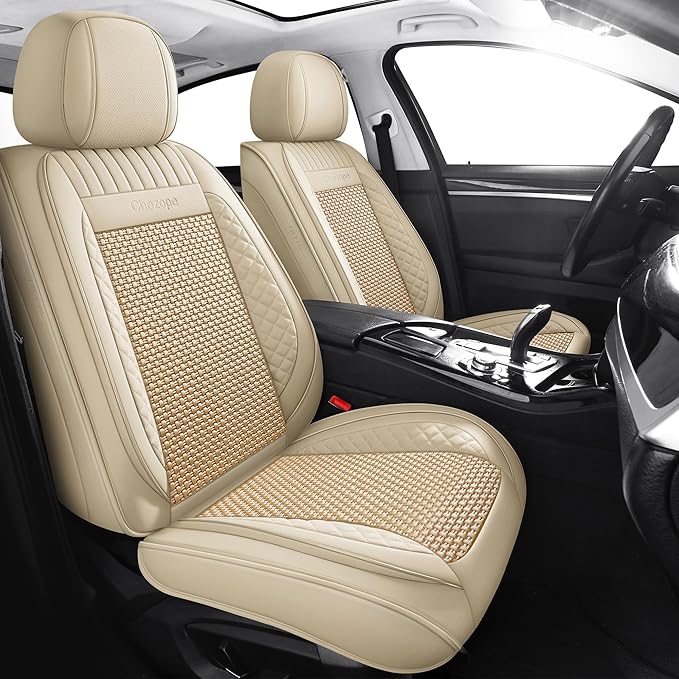 Chezope Car Seat Covers Full Set, Beige Leather Seat Covers, Breathable Front and Back Car Seat Protectors, Wear-Resistant Seat Covers Universal Fit for Most Cars SUV Truck (Beige-Stripes-B, Full Set)
