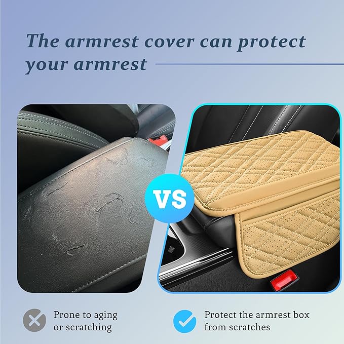 Car Center Console Cover, Leather Vehicle Arm Rest Cushion with 2 Storage Bags, Automotive Armrest Interior Seat Box Pad Accessories, Universal for SUV, Sedan, Truck (Beige)