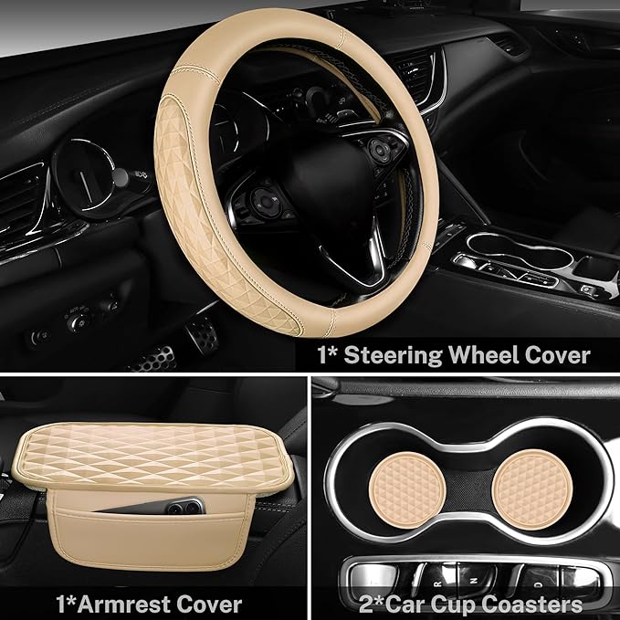 CAR PASS 3D Rhombus Leather Steering Wheel Cover Car Accessories Set, Comfortable Center Console Armrest Cushion with Storage Bags 2 Non-Slip Cup Coasters, 14.5-15in Car Interior Sets, 4 PCS All Beige