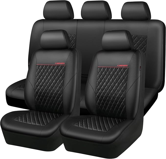 CAR PASS Quilting Faux Leather Seat Covers Full Set, Waterproof Deluxe Premium Seat Cover with 5mm Composite Sponge Inside, Airbag Compatible Auto Seat Cover Universal Fit for 95% Sedan SUV Van, Black