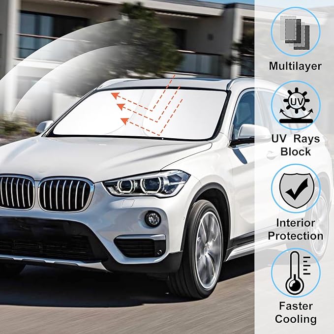 Windshield Sun Shade Custom Fit for 2016-2022 BMW X1 F48 Accessories Foldable Sunshade Sun Blocker Protect Car from Sun Rays & Heat Damage Keep Car Cooler