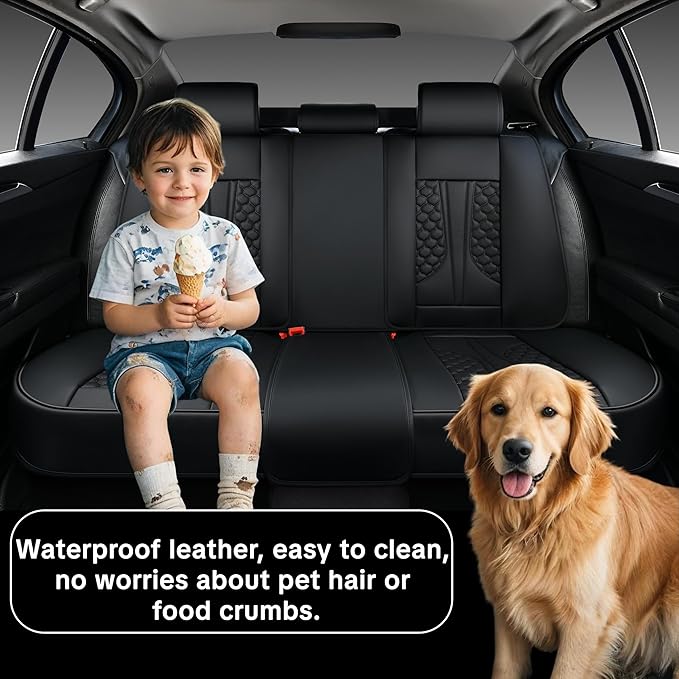 Black Universal Car Seat Covers Premium Nappa Leather with Lumbar Support Waterproof Full Set Non-Slip Contoured Fit Airbag Compatible Fits Most Vehicles Easy to Clean and Install