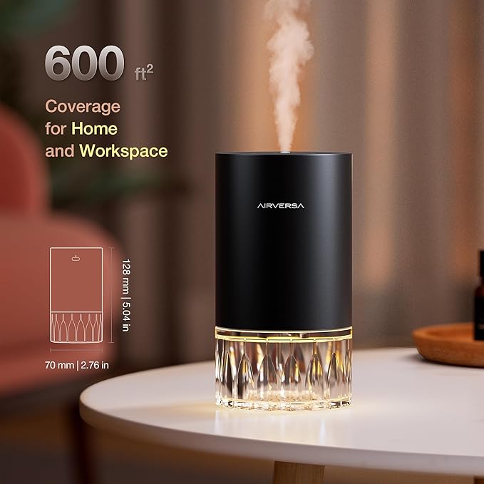 Airversa Waterless Essential Oil Diffuser for Home Room Desk Car Air Freshener Diffuser, Up to 600 sq ft, Battery Operated, Mist Level and Timer Settings, 100mL Capacity, Cold Air, RD1 Titanium