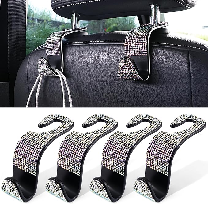 LivTee Car Seat Headrest Hook, Auto Seat Hook Hangers Storage Organizer Interior Accessories for Purse Coats Umbrellas Grocery Bags Handbag, 4-Pack(Bling Colorful)