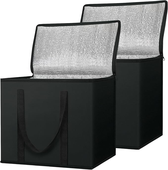 BALEINE 2Pk Insulated Reusable Grocery Bags, Collapsible Cooler Bag for Groceries, Heavy Duty Large Insulated Bag (16''x9''x13'', Charcoal Black)