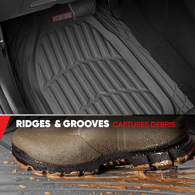 Motor Trend FlexTough 4-Piece Heavy Duty Floor Mats for Cars Trucks SUVs, Automotive Floor Mats Car Mats Full Set Front, Rear & Cargo, Trim-To-Fit Semi-Custom Deep Dish All Weather Rubber Mats - Gray