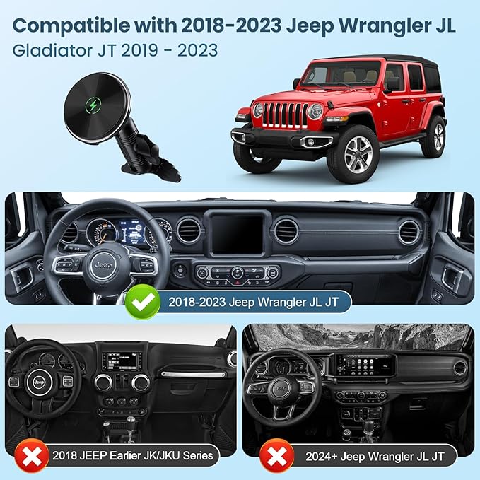 Kaishengyuan Wireless Charger Magnetic Vent Phone Mount Compatible with Jeep Wrangler JL 2018-2023 & Gladiator JT 2020-2023, 360° Rotation Air Vent Cell Phone Holder Cradles Fit for All Smartphone