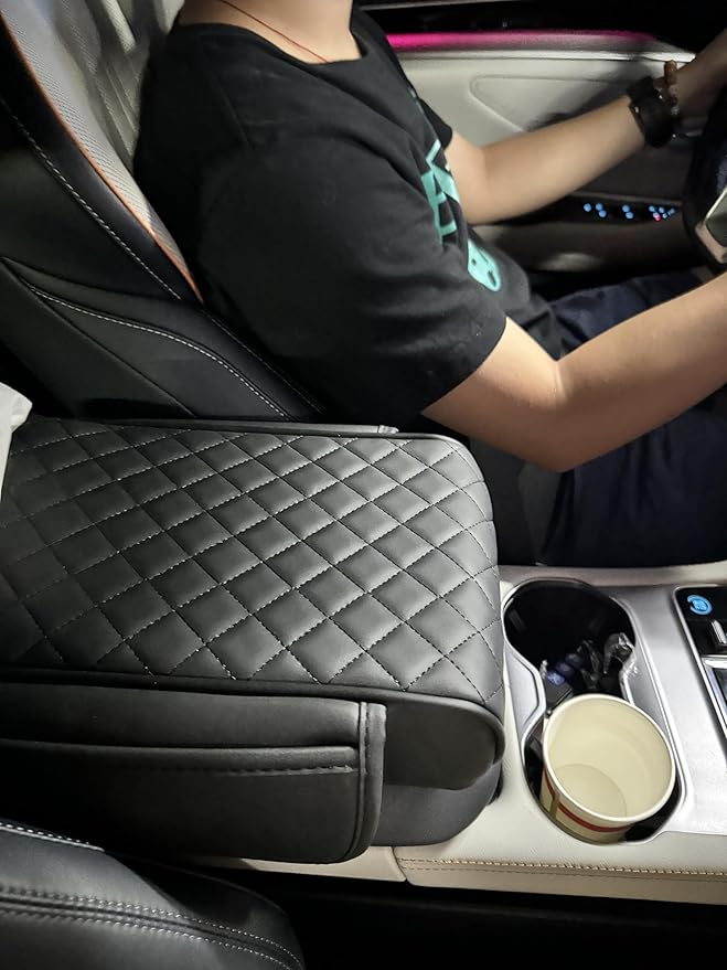 Upgraded Multi-Functional Car Center Console Cover, PU Leather Armrest Pad Cushion with Memory Foam Cushion, 2 Storage Pockets, Tissue Box Hole for Sedan Vehicles, 7 Colors (Black)