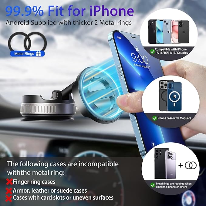 2026 Upgraded Reinforced Magnetic Car Phone Holder -24×N55 Ultra Magnets 110 LBS - 360°Swivel & Rock-Solid Hold Suction Cup Car Phone Mount for Magsafe iPhone 17 Pro Max 16-12 Air Plus