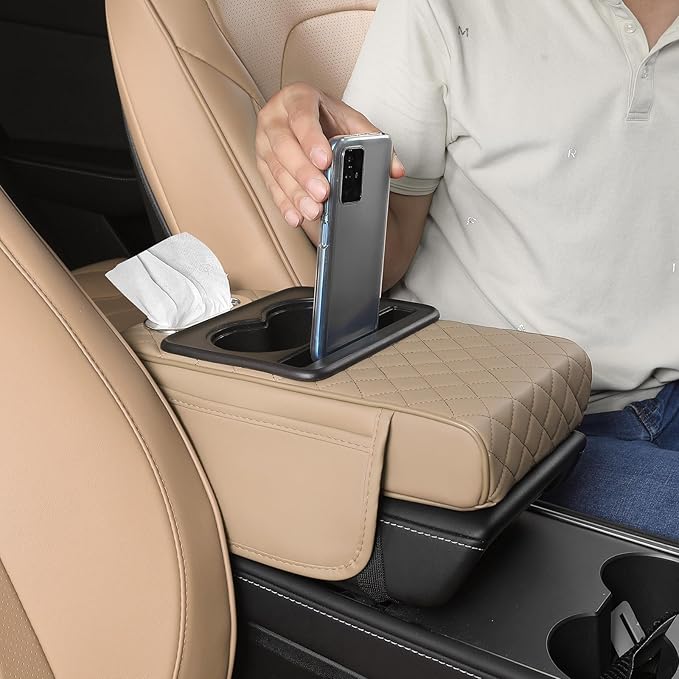 FREESOO Car Center Console Cover, Leather Armrest Cover for Car, Universal Middle Console Cushion with Storage Box, Cup Holder, Tissue Box & Phone Slot, Luxury Waterproof Interior Accessories, Beige